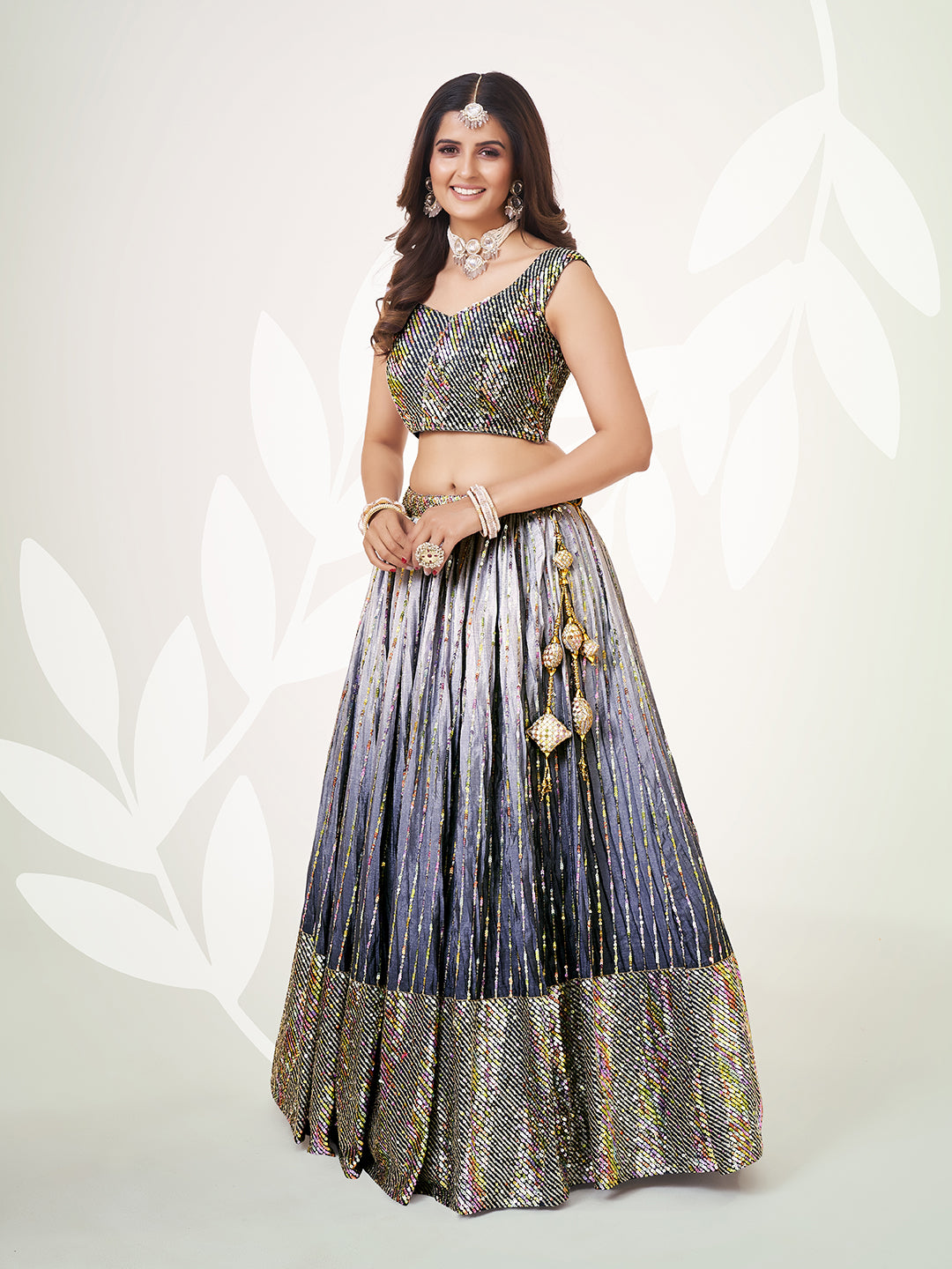 Blue & Grey Navratri Wear Chinon Silk Lehenga Choli