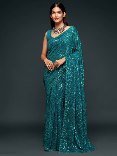 Teal Blue Fully Sequenced Georgette Saree With Blouse