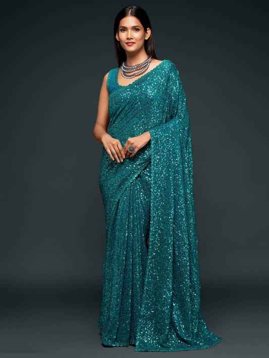 Teal Blue Fully Sequenced Georgette Saree With Blouse
