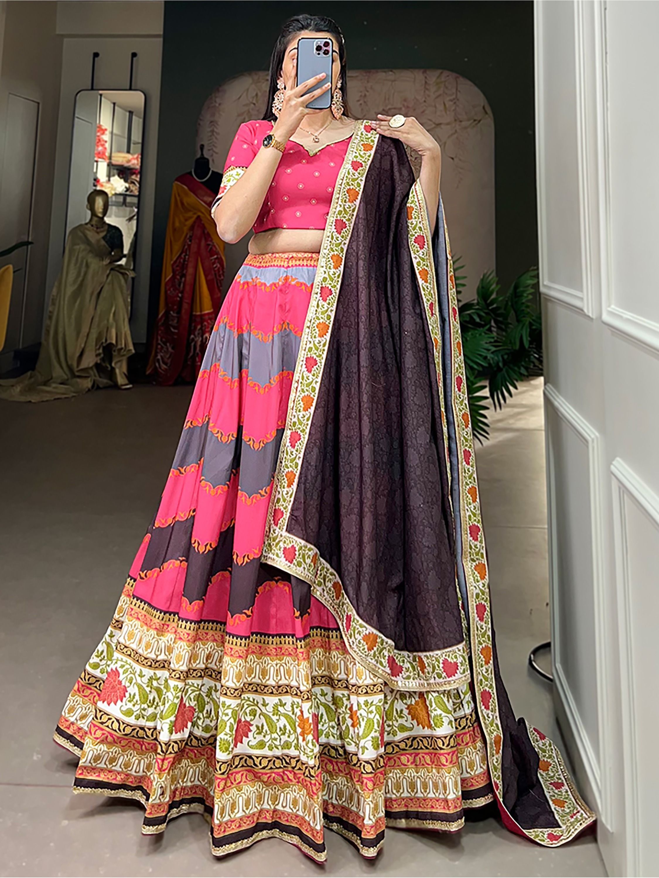 Pink & Multi Printed Silk Garba Special Chaniya Choli