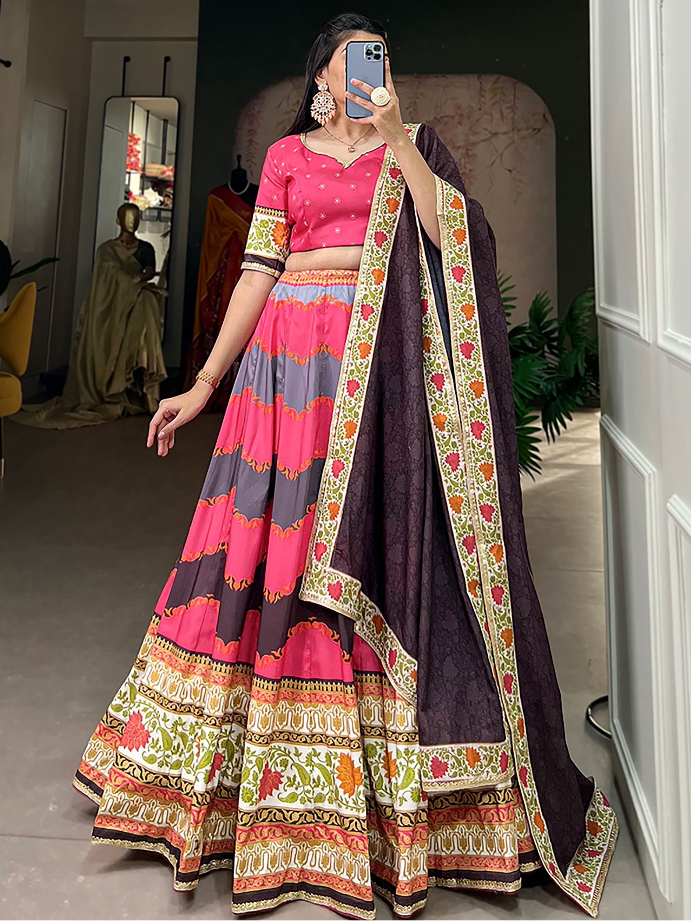 Pink & Multi Printed Silk Garba Special Chaniya Choli