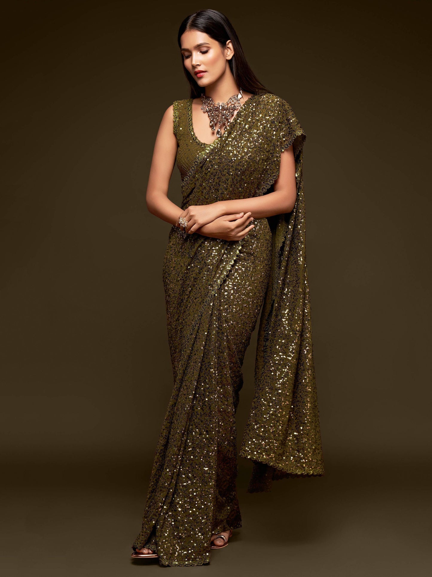 Mehendi Green Fully Sequenced Georgette Saree With Blouse