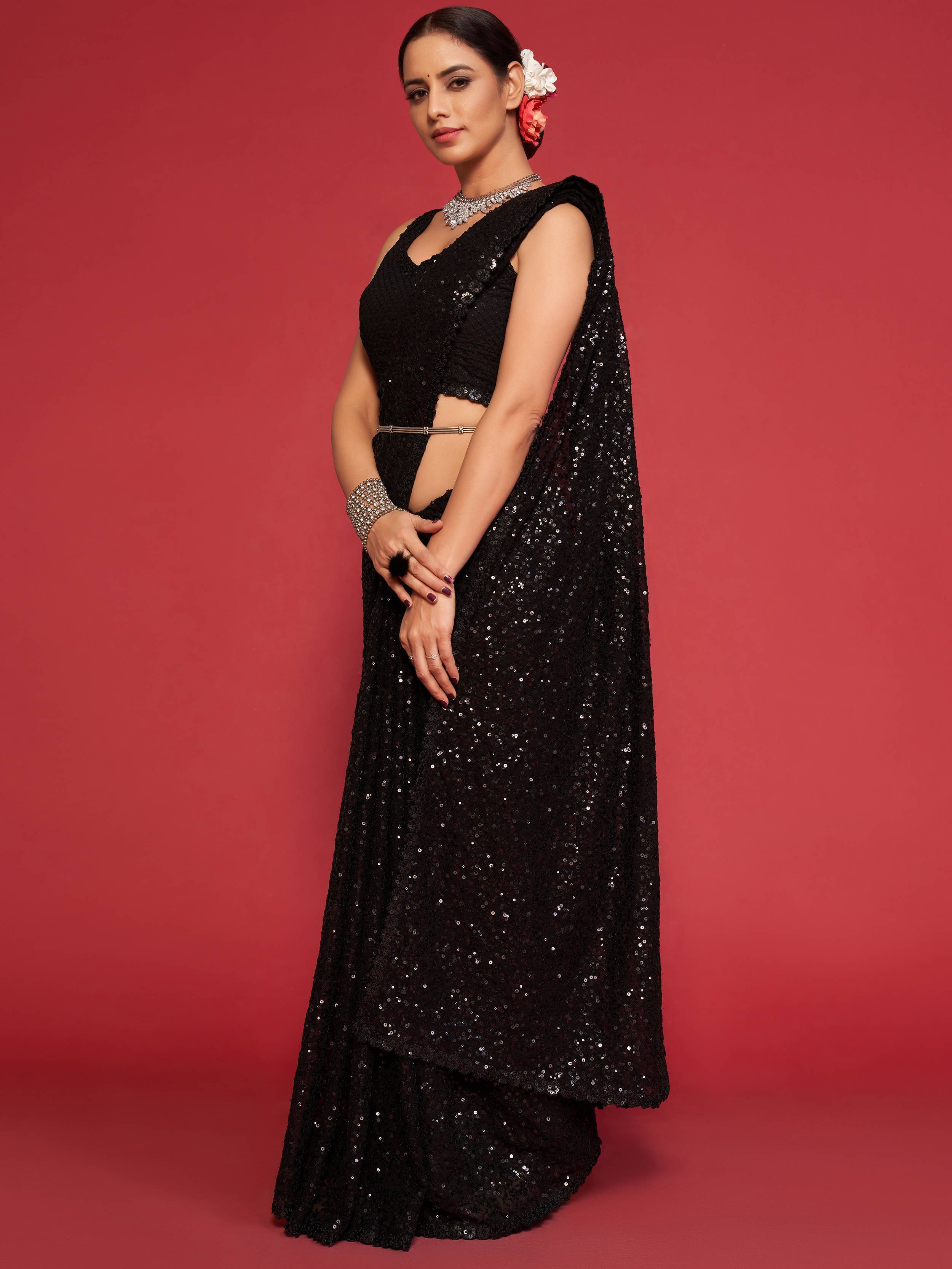 Kohl Black Fully Sequenced Georgette Saree With Blouse