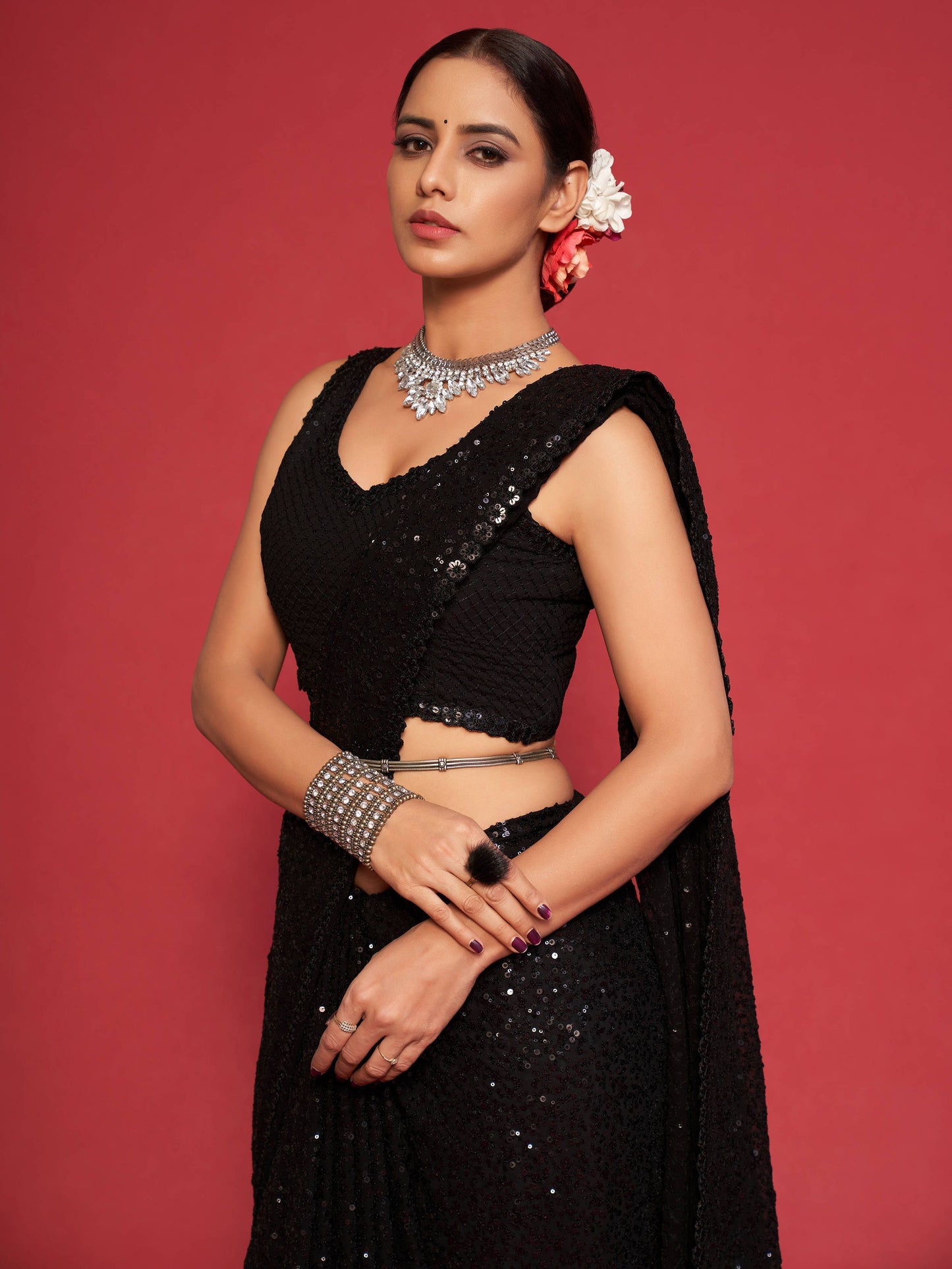 Kohl Black Fully Sequenced Georgette Saree With Blouse