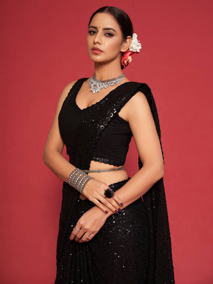 Kohl Black Fully Sequenced Georgette Saree With Blouse
