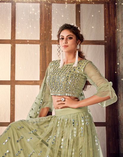 Sea green & Silver Embellished Semi-Stitched Lehenga & Unstitched Blouse