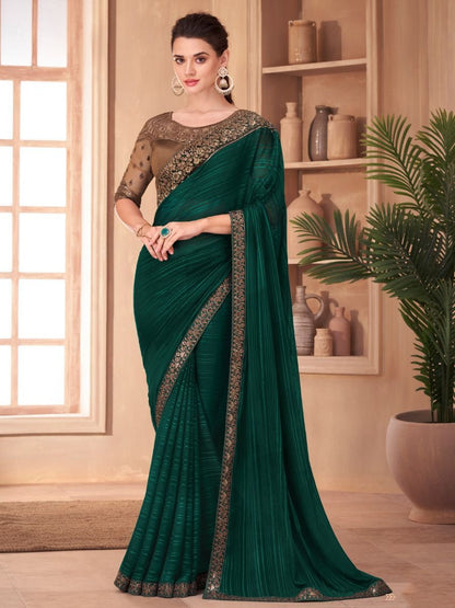 Green Zari Work Silk Saree With Blouse For Wedding