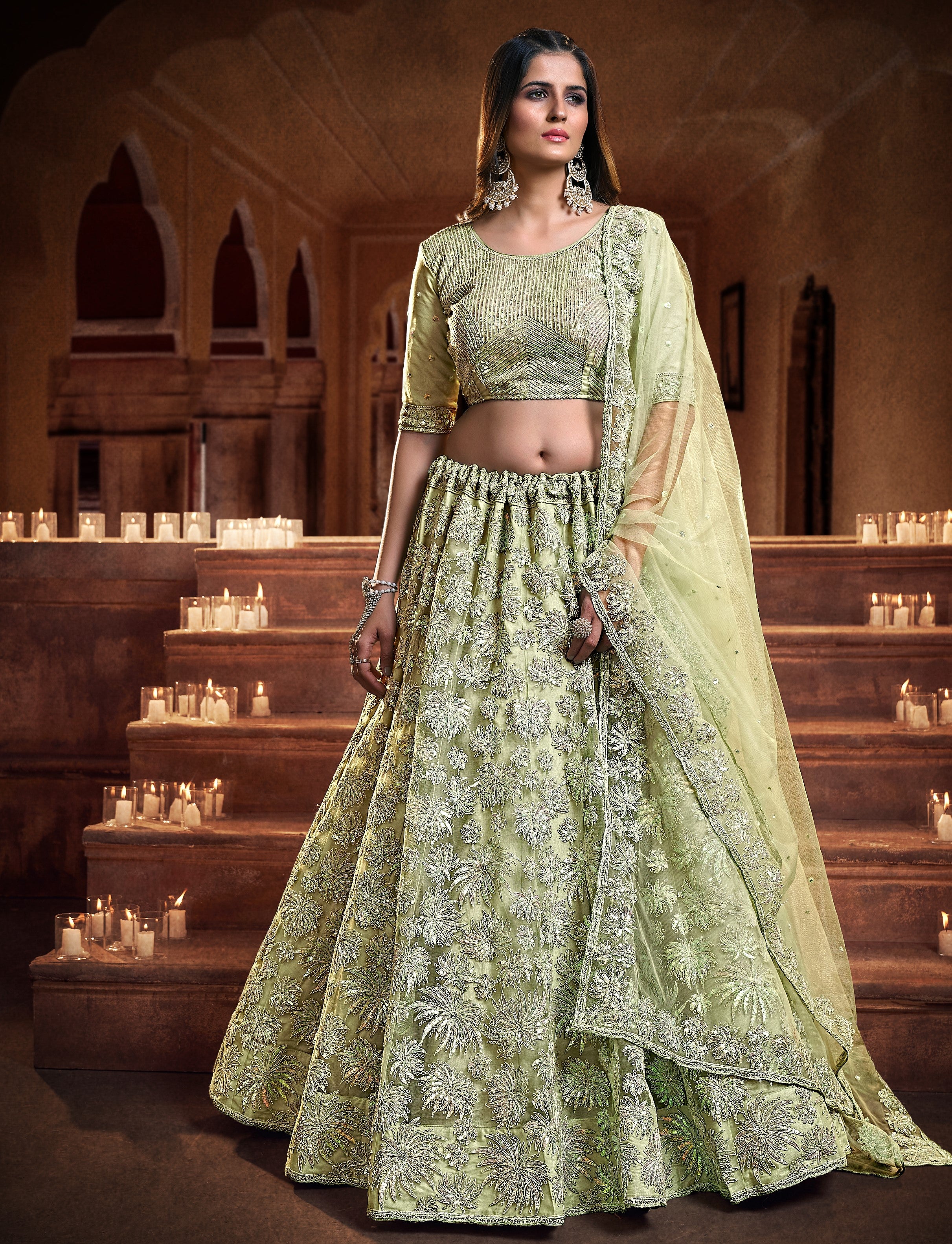Sea Green and Golden Embroidered Sangeet Special Lehenga and Blouse With Dupatta