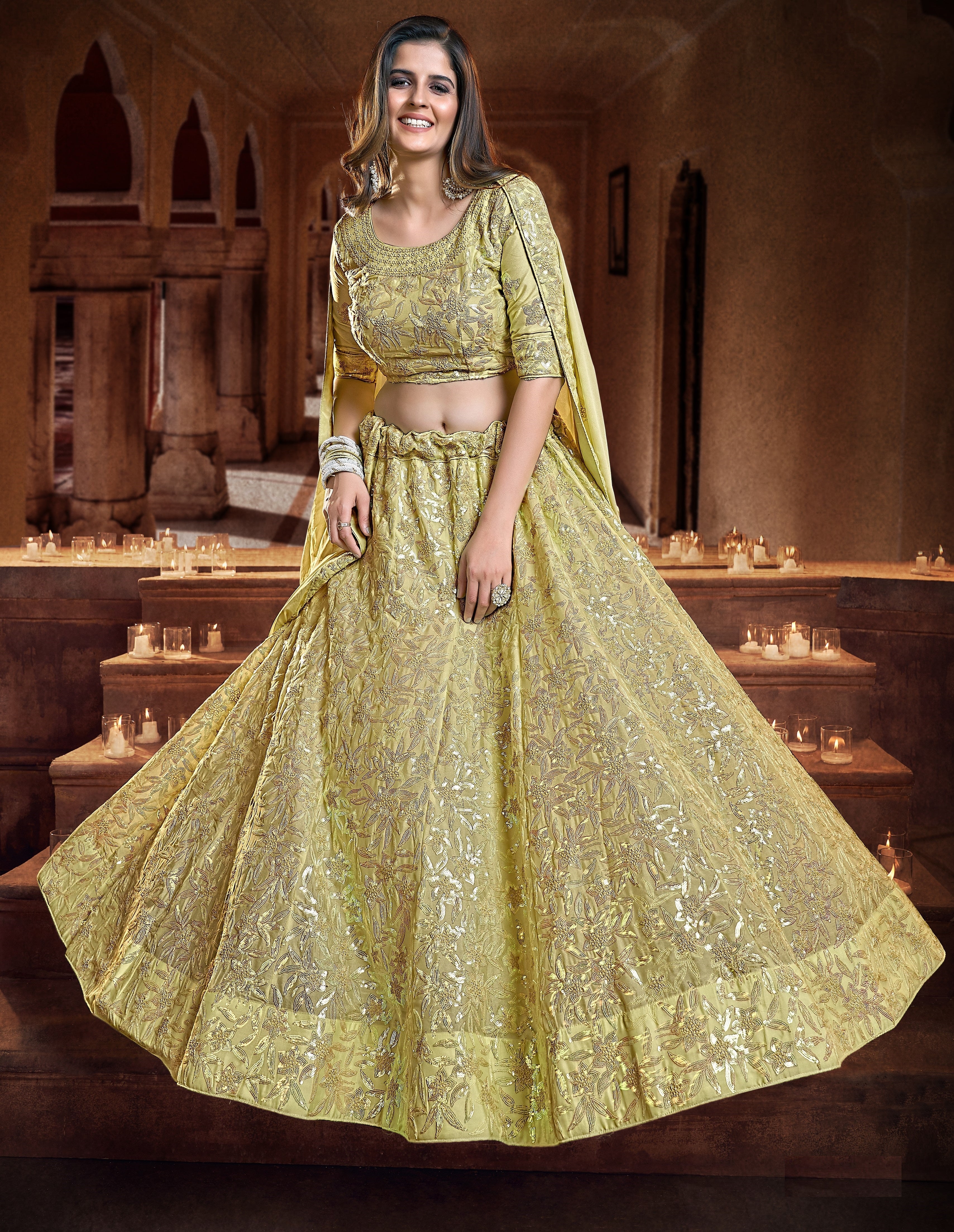 Yellow and Golden Embroidered Sangeet Special Lehenga and Blouse With Dupatta