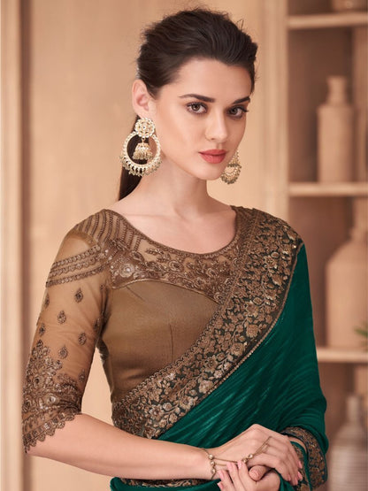 Green Zari Work Silk Saree With Blouse For Wedding