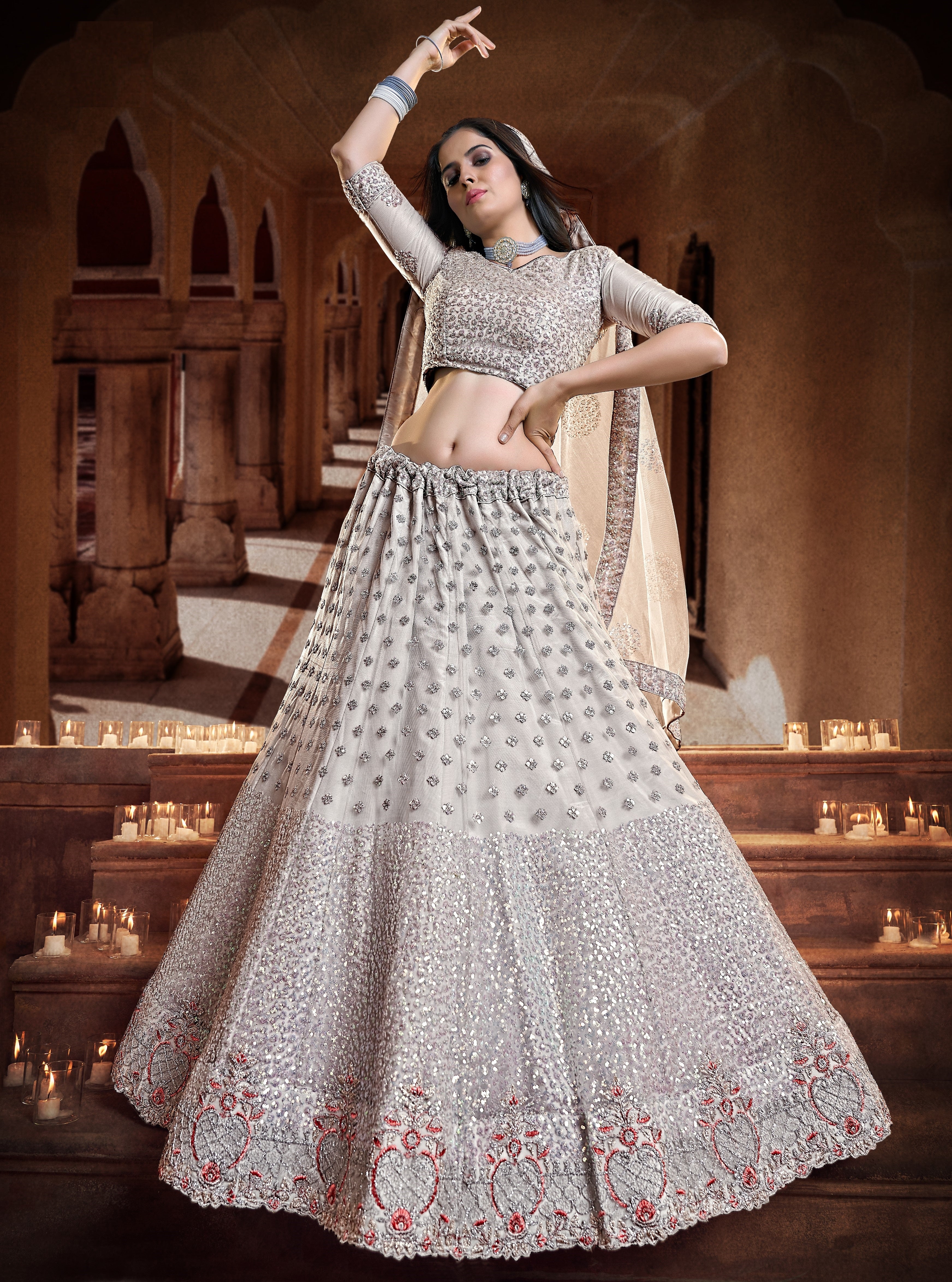 Grey Embroidered Sangeet Special Lehenga and Blouse With Dupatta