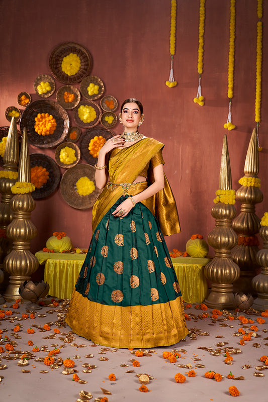 Bottle Green & Mustard Banarasi Silk Half Saree Lehenga Choli