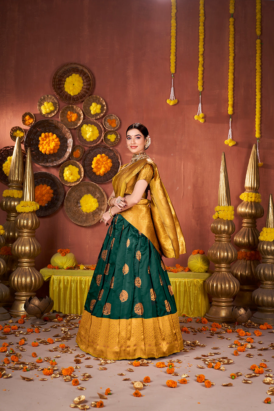 Bottle Green & Mustard Banarasi Silk Half Saree Lehenga Choli