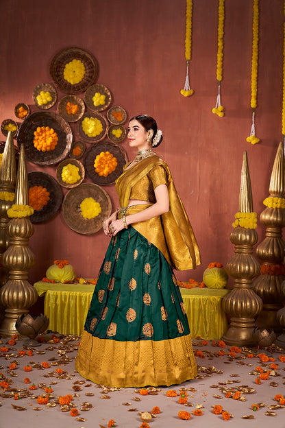 Bottle Green & Mustard Banarasi Silk Half Saree Lehenga Choli