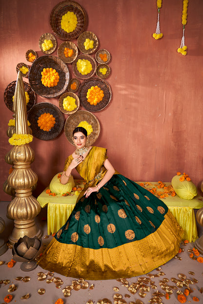 Bottle Green & Mustard Banarasi Silk Half Saree Lehenga Choli
