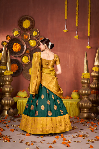 Bottle Green & Mustard Banarasi Silk Half Saree Lehenga Choli