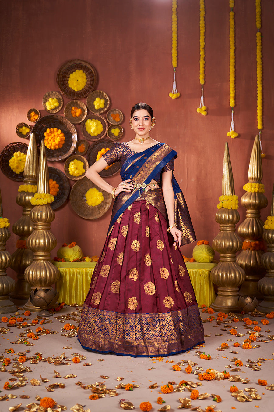 Maroon & Blue Banarasi Silk Half Saree Lehenga Choli