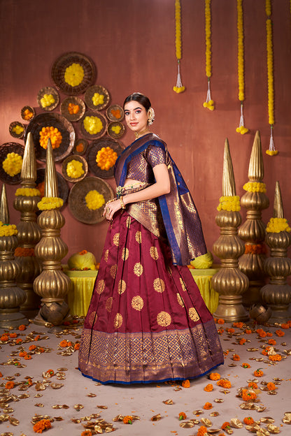 Maroon & Blue Banarasi Silk Half Saree Lehenga Choli