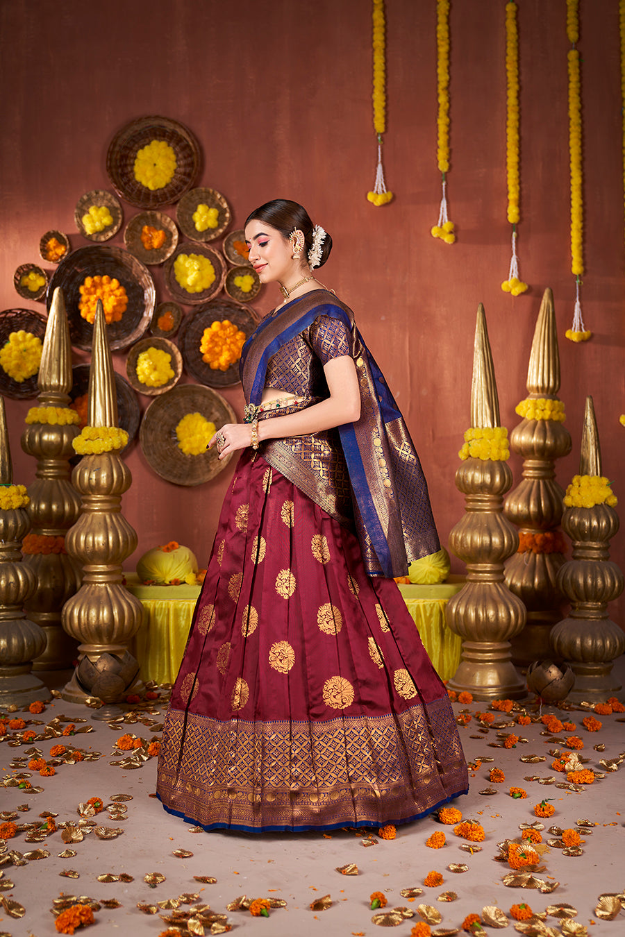 Maroon & Blue Banarasi Silk Half Saree Lehenga Choli