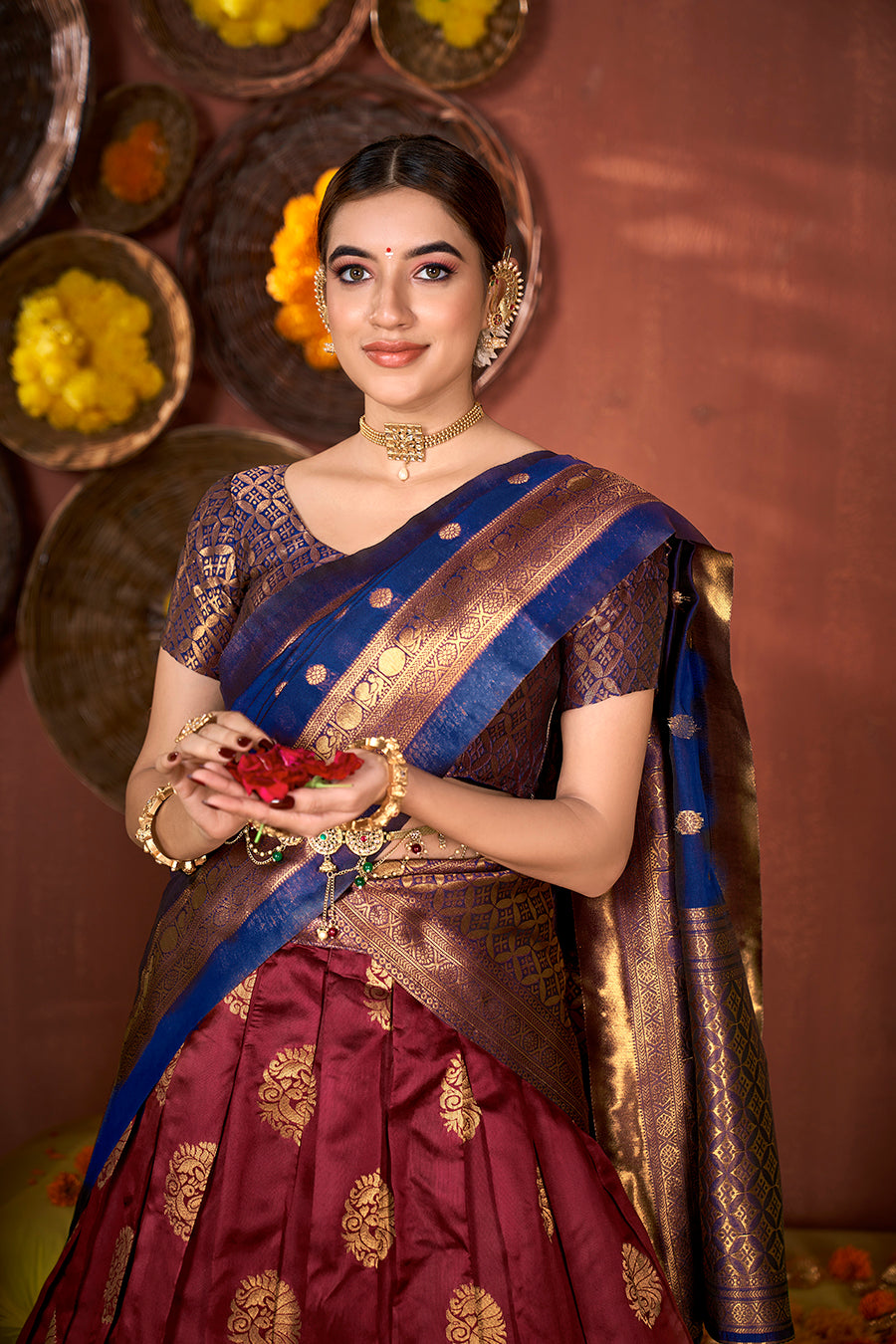 Maroon & Blue Banarasi Silk Half Saree Lehenga Choli