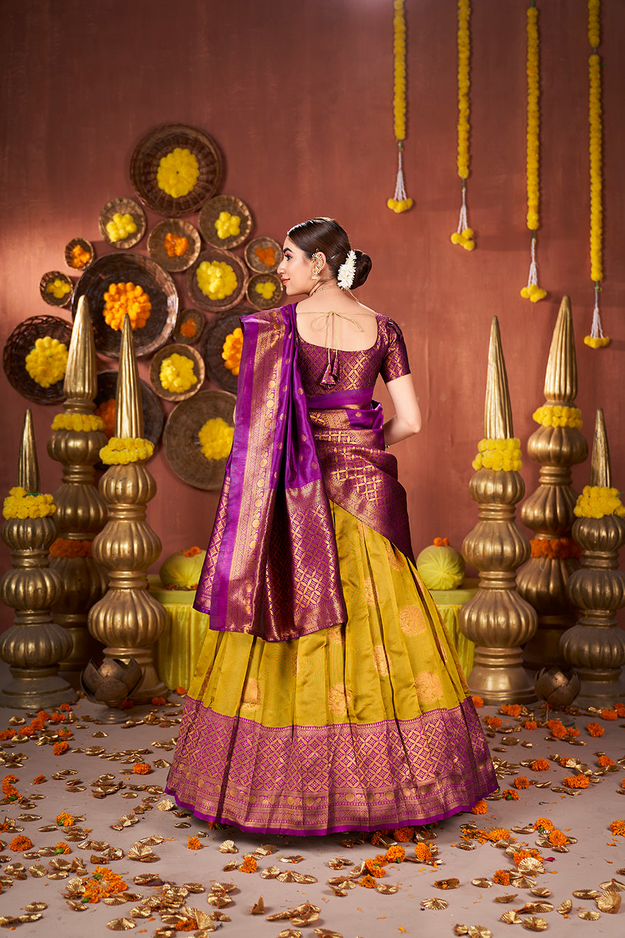 Mustard & Purple Banarasi Silk Half Saree Lehenga Choli