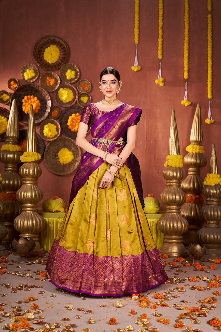 Mustard & Purple Banarasi Silk Half Saree Lehenga Choli