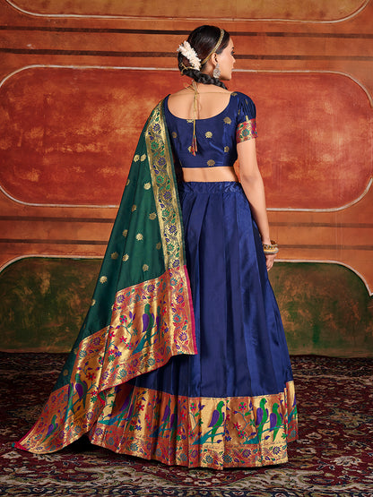 Blue & Green Zari Woven Paithani Silk Half Saree Lehenga