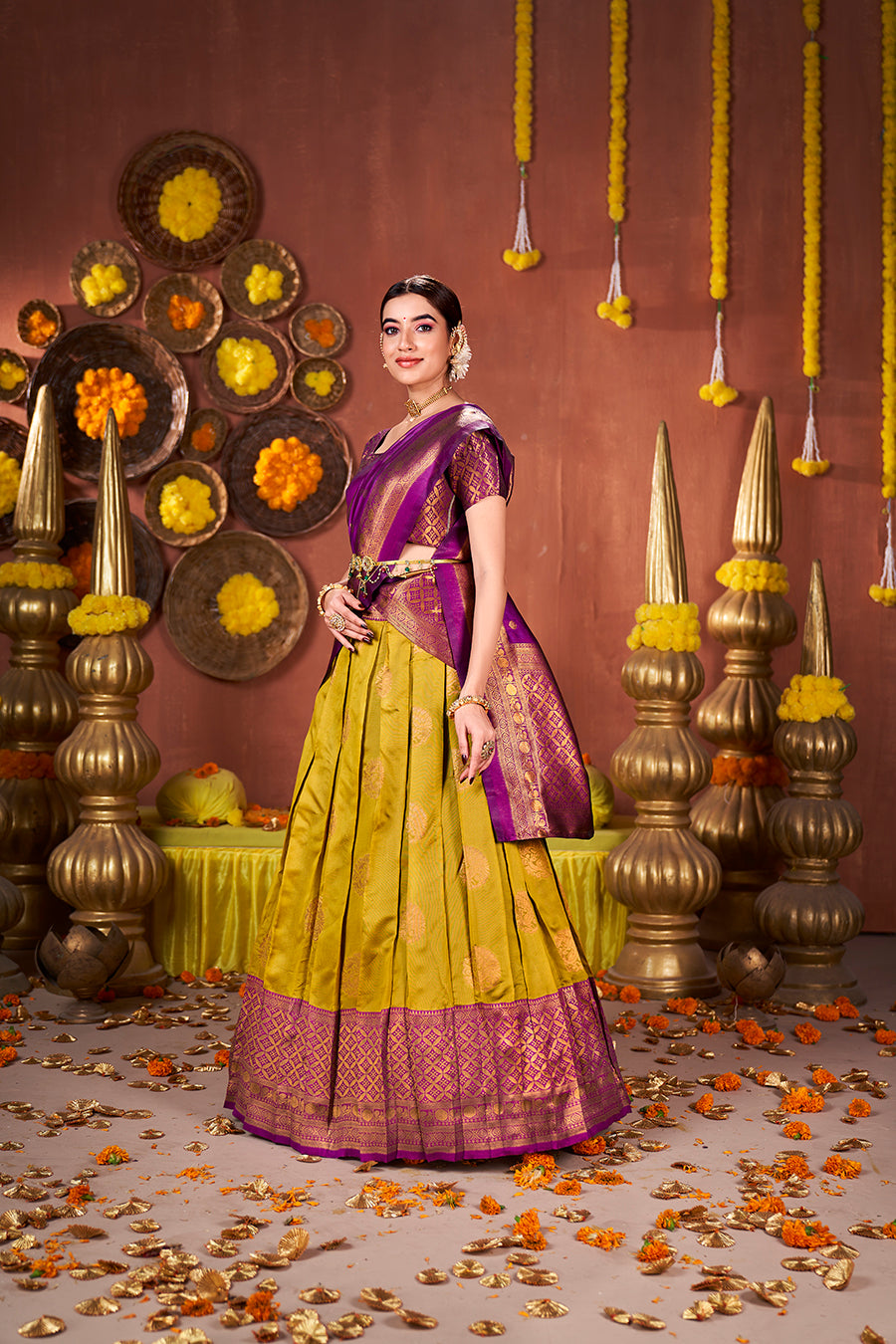 Mustard & Purple Banarasi Silk Half Saree Lehenga Choli