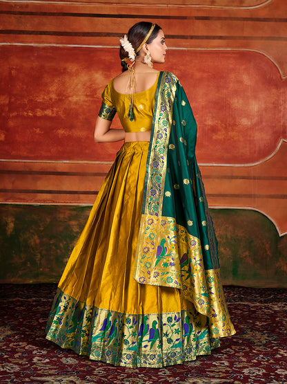 Gold Yellow & Green Zari Woven Paithani Silk Half Saree Lehenga