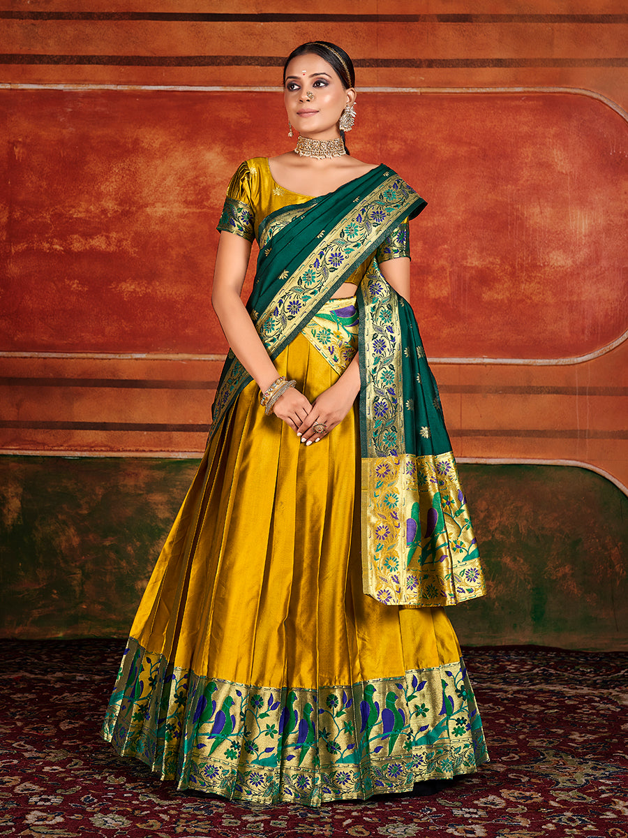 Gold Yellow & Green Zari Woven Paithani Silk Half Saree Lehenga