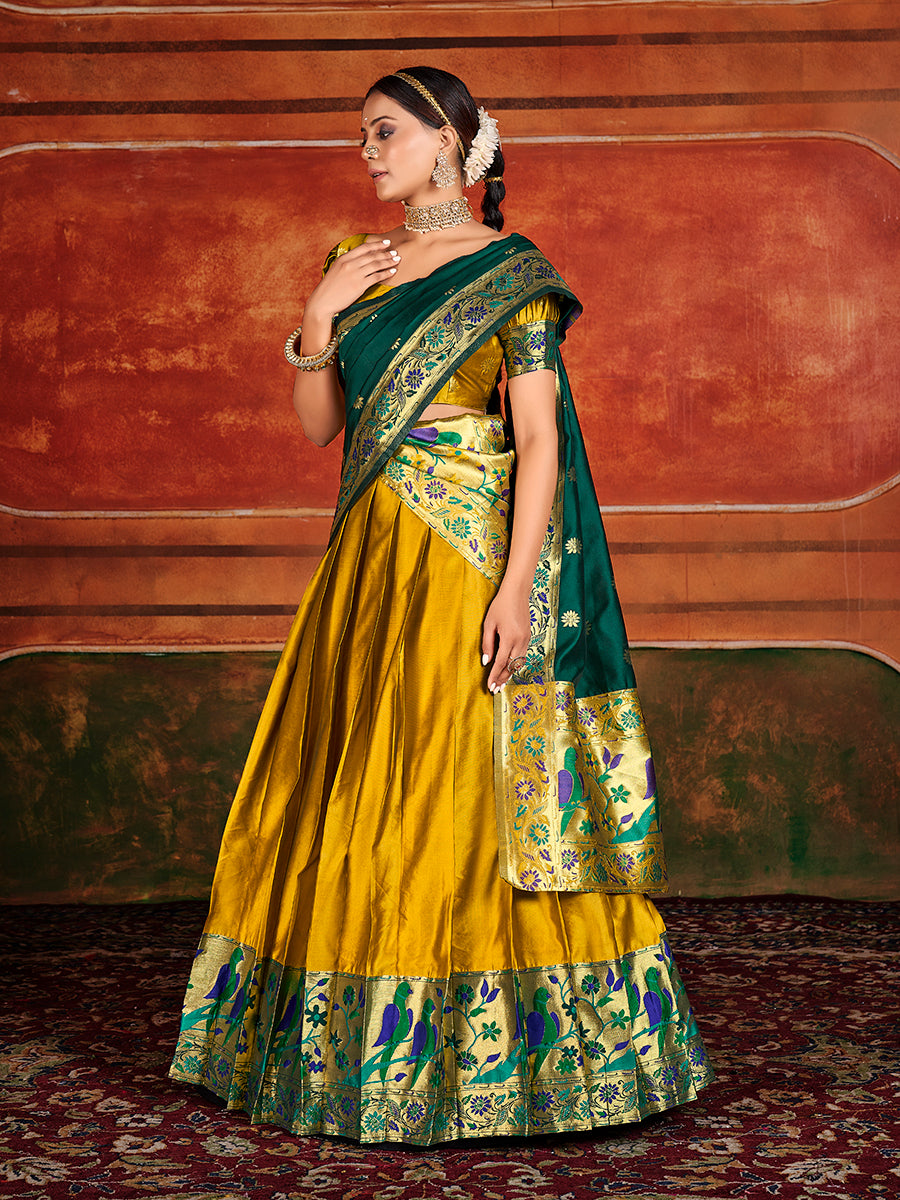 Gold Yellow & Green Zari Woven Paithani Silk Half Saree Lehenga