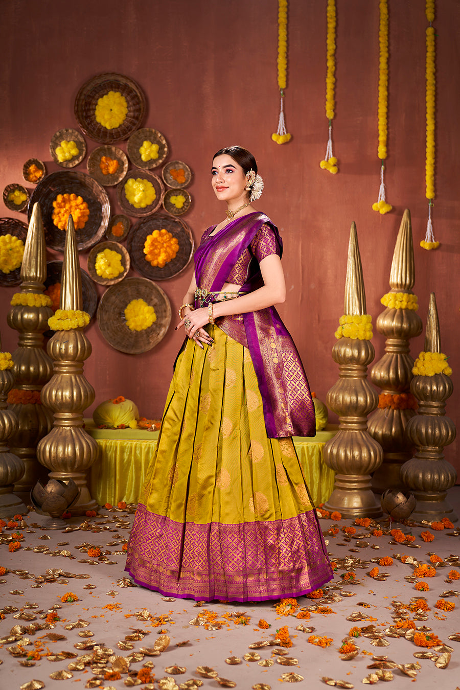 Mustard & Purple Banarasi Silk Half Saree Lehenga Choli