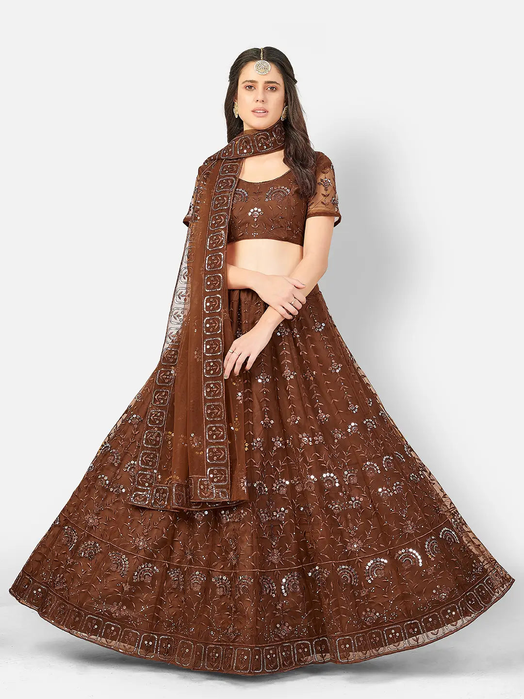 Awesome Brown and Silver Sequins Thread Work Lehenga and Blouse With Dupatta