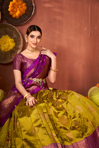 Mustard & Purple Banarasi Silk Half Saree Lehenga Choli