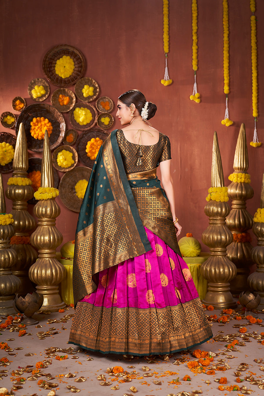 Pink & Green Banarasi Silk Half Saree Lehenga Choli