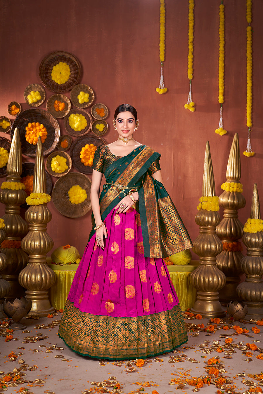 Pink & Green Banarasi Silk Half Saree Lehenga Choli