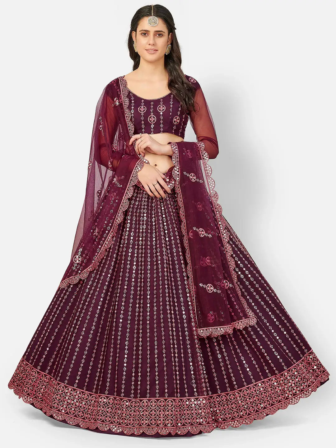 Fancy Maroon Embroidered Sequinned Lehenga and Blouse With Dupatta