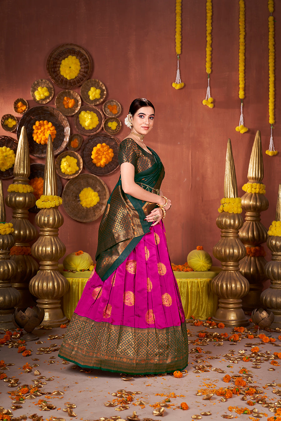 Pink & Green Banarasi Silk Half Saree Lehenga Choli
