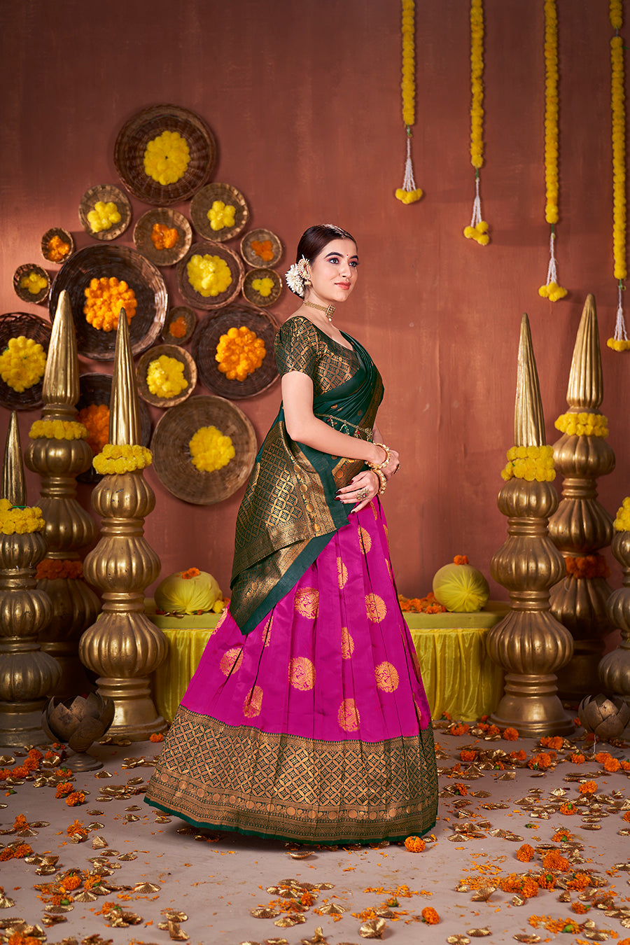 Pink & Green Banarasi Silk Half Saree Lehenga Choli