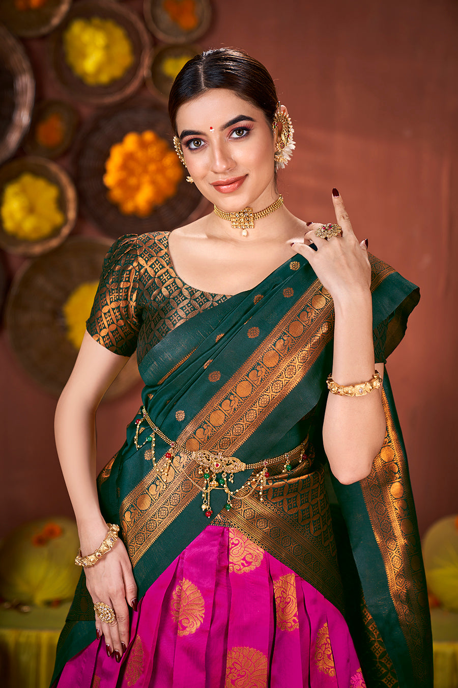 Pink & Green Banarasi Silk Half Saree Lehenga Choli