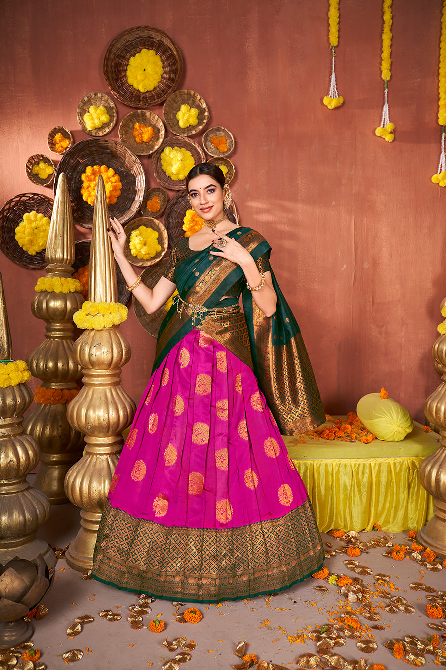 Pink & Green Banarasi Silk Half Saree Lehenga Choli