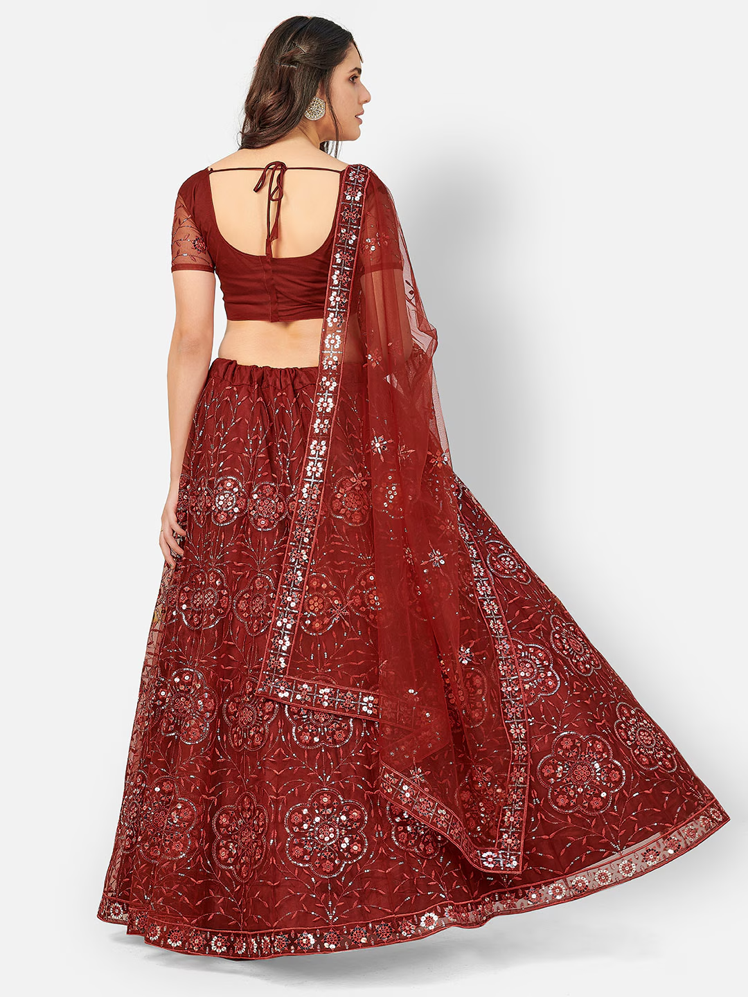 Maroon & Silver-Toned Embroidered Sequinned Lehenga & Blouse With Dupatta