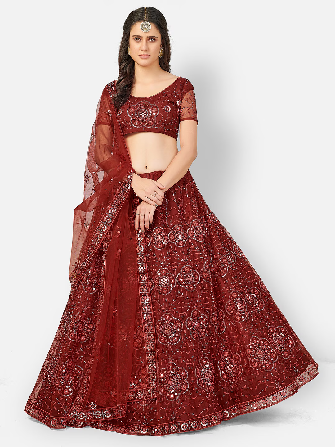 Maroon & Silver-Toned Embroidered Sequinned Lehenga & Blouse With Dupatta