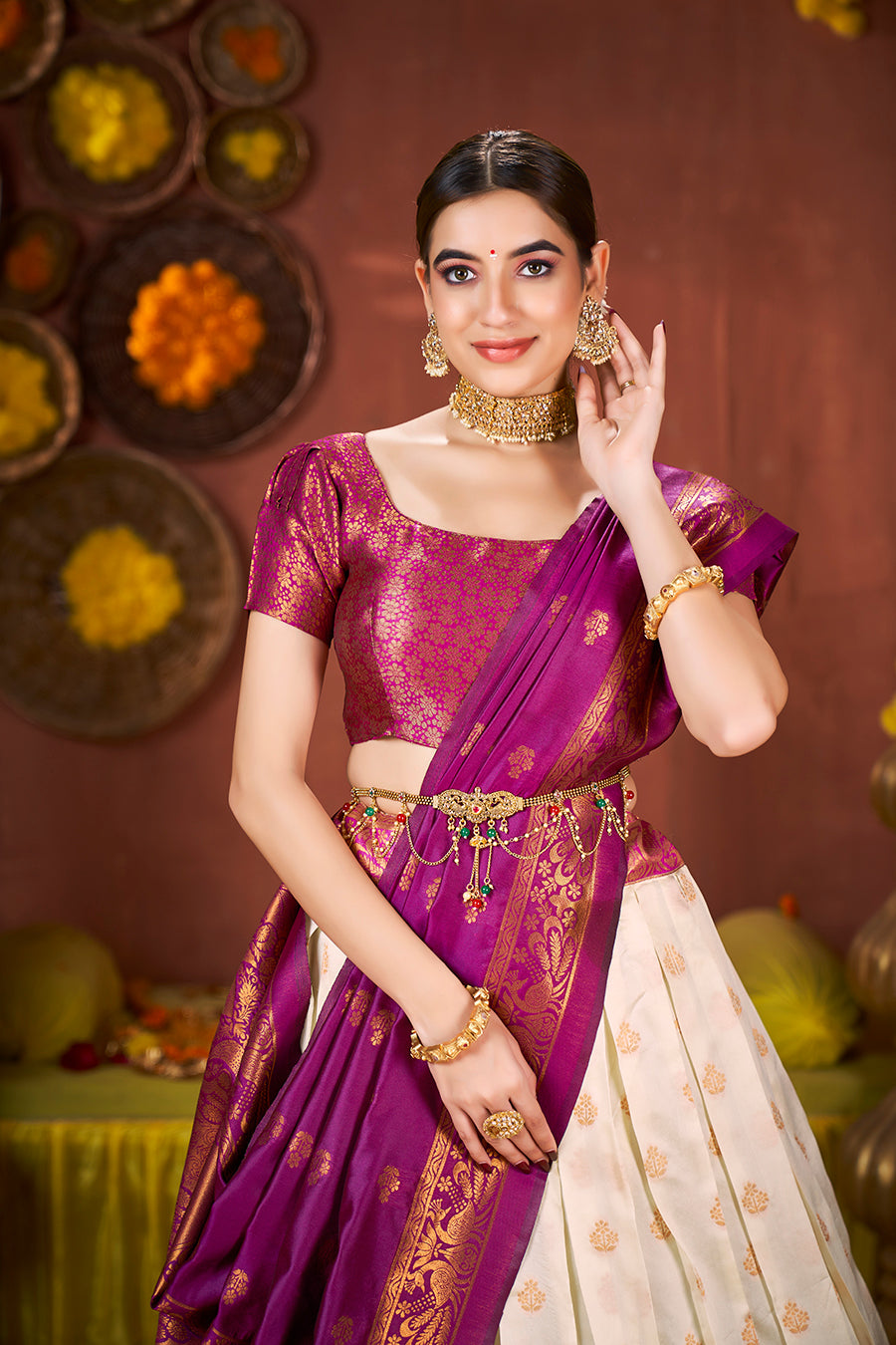 Off White & Purple Banarasi Silk Half Saree Lehenga Choli