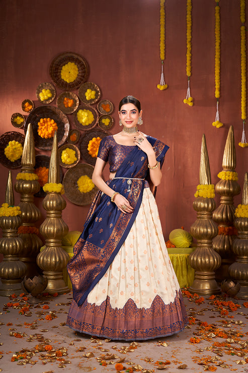 Off White & Navy Blue Banarasi Silk Half Saree Lehenga Choli