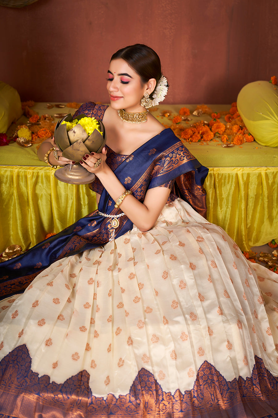 Off White & Navy Blue Banarasi Silk Half Saree Lehenga Choli