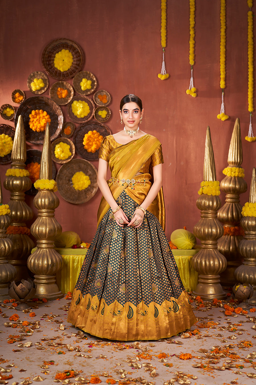 Teal & Mustard Banarasi Silk Half Saree Lehenga Choli