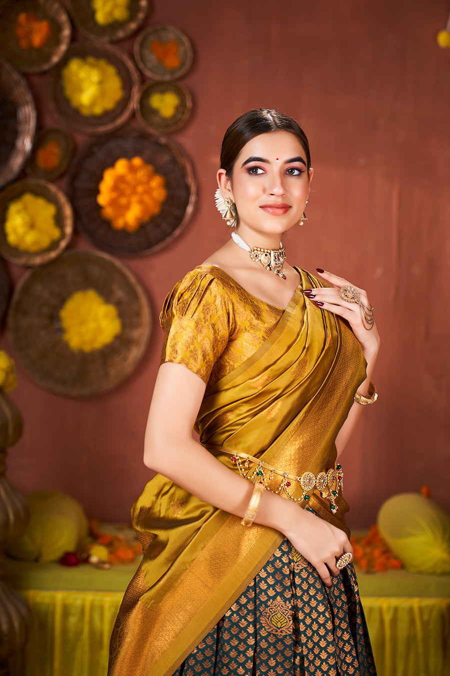 Teal & Mustard Banarasi Silk Half Saree Lehenga Choli