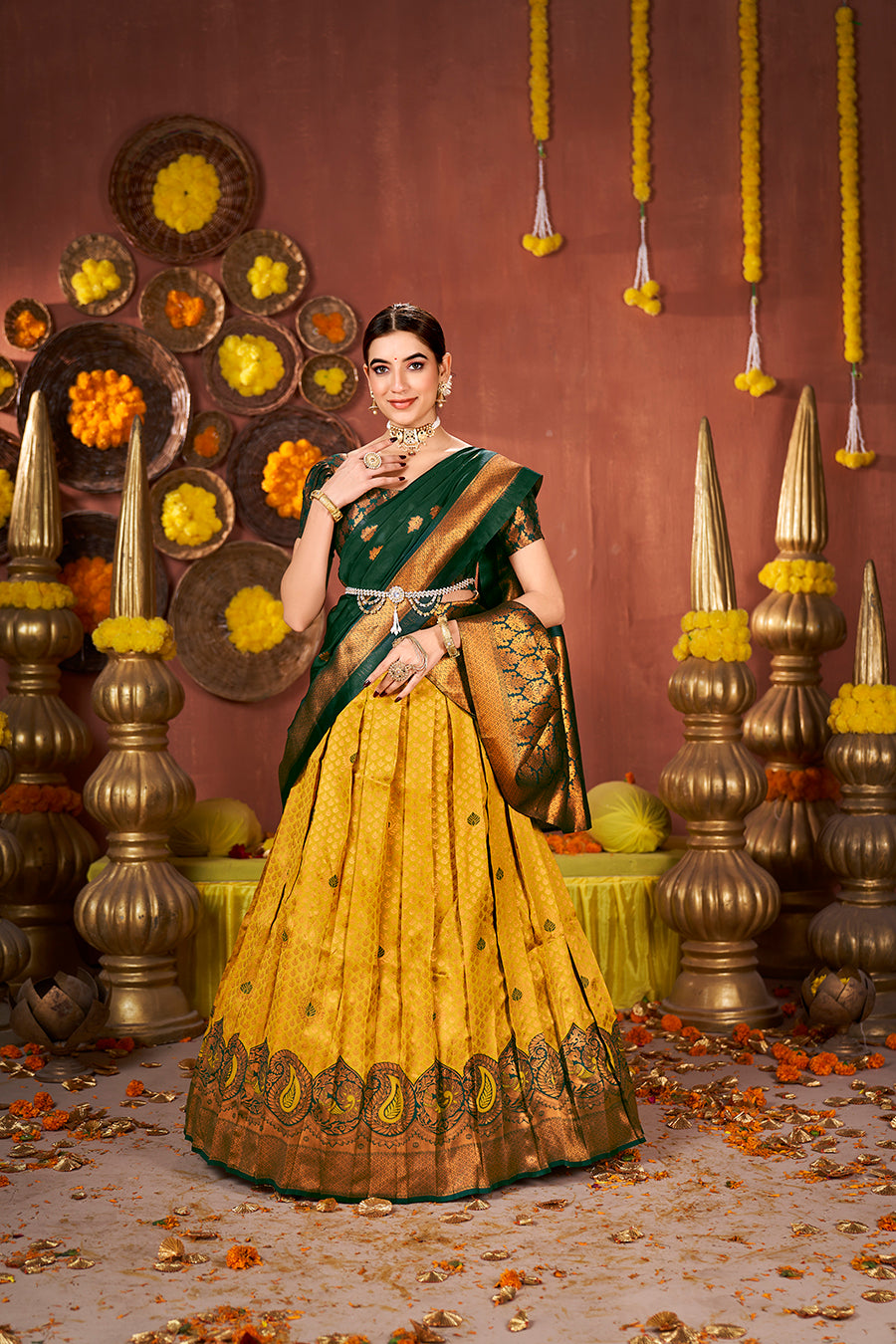 Mustard & Bottle Green Banarasi Silk Half Saree Lehenga Choli