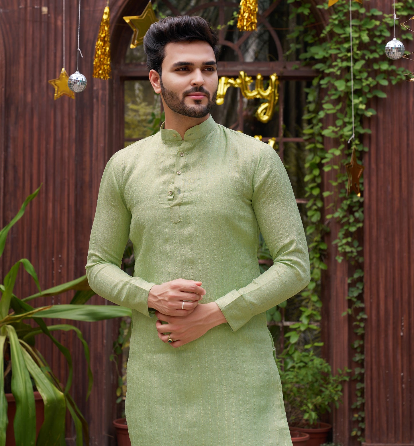 Bansari Mishri Pista Green Couple set Saree with Kurta